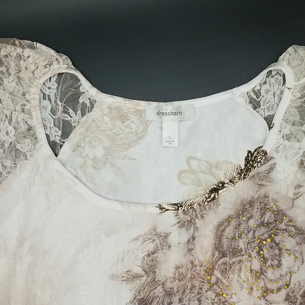 Dressbarn Large Short Sleeve Mauve, Tan & Cream Floral Lace Overlay Tunic Top - Picture 5 of 10